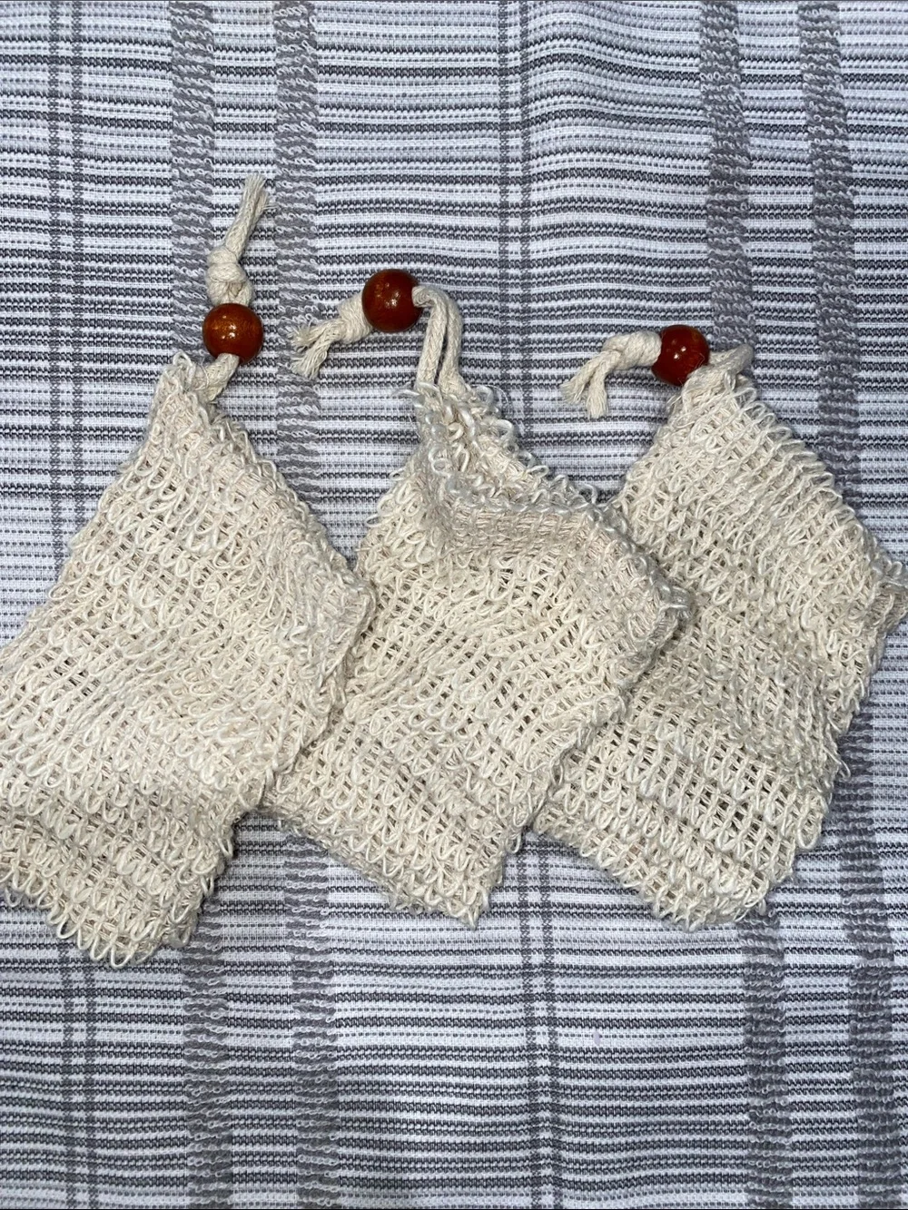 Natural Sisal Soap Saver Bags with Wooden Beads - Set of 3